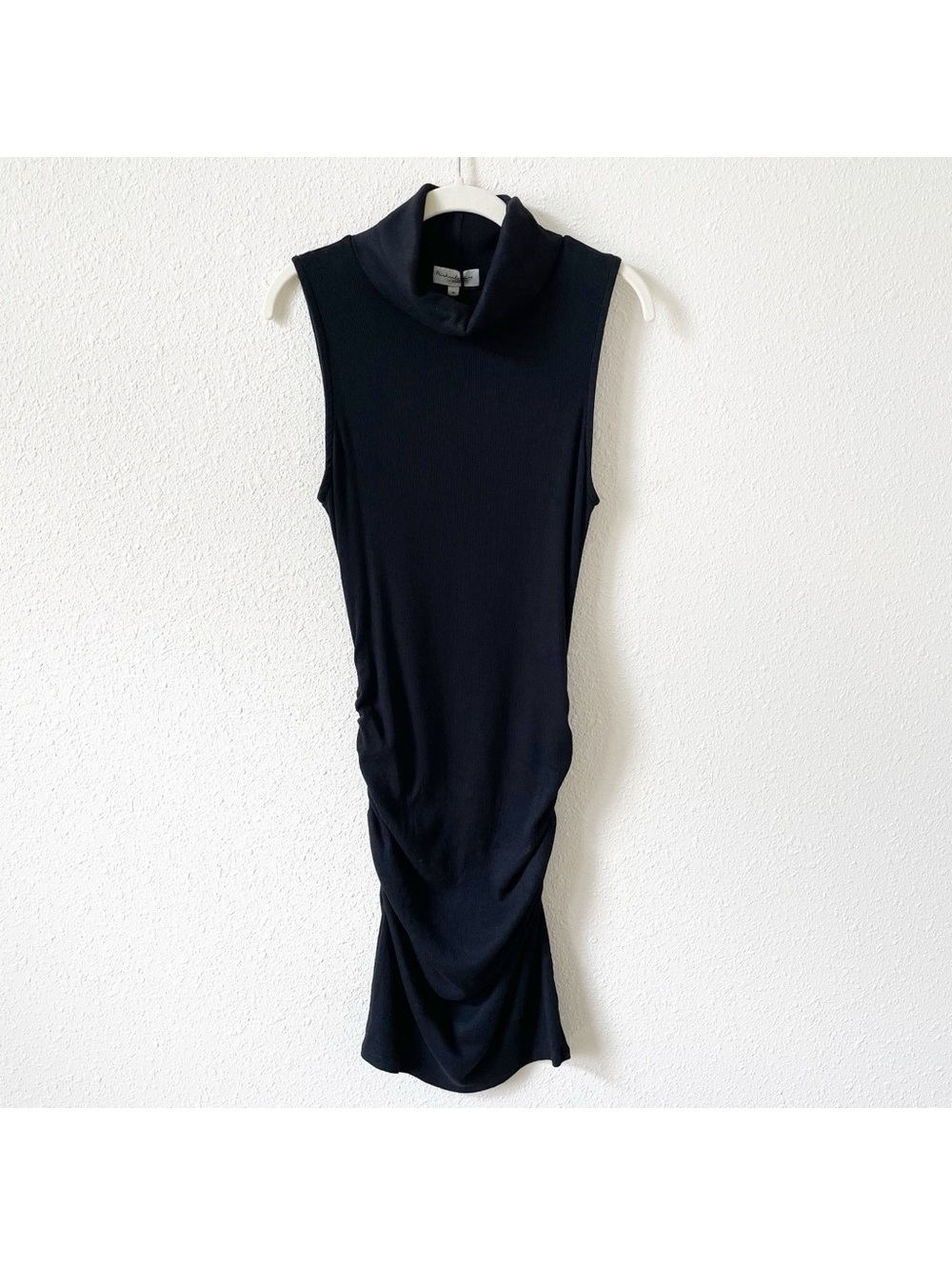Michael Stars Macy Mock Neck Ribbed Mini Dress Black Sz Medium Ruched Minimalist
